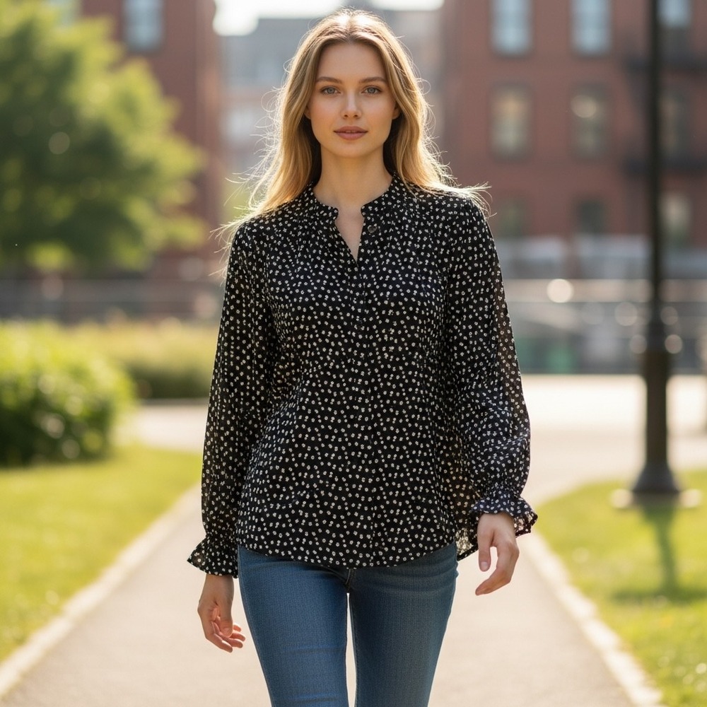 Elle Polka Dot Blouse Women Medium Black White Excellent Roll Tab Button Up Top